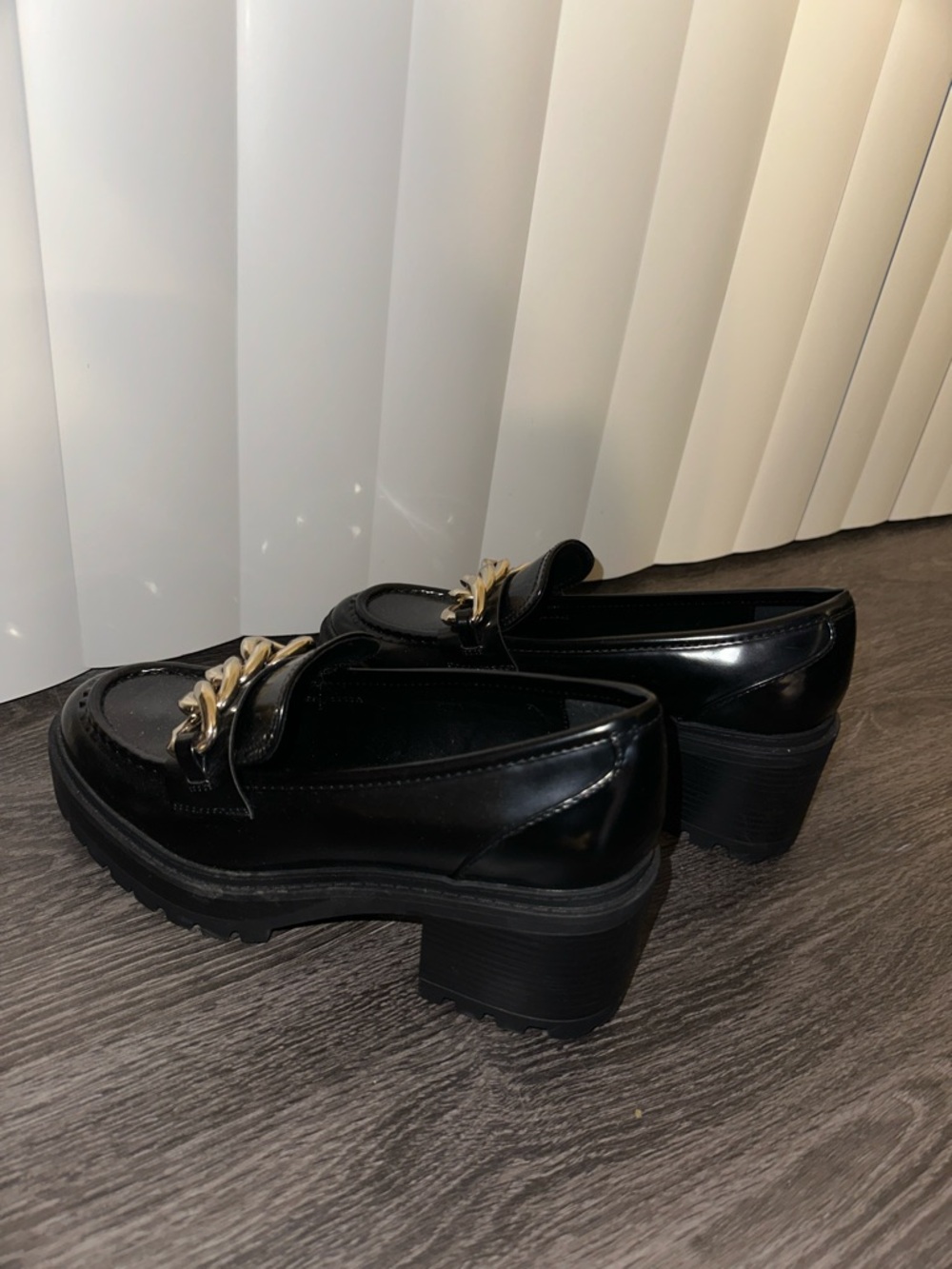 Guess Black Platform Loafers with Gold Chain Accent